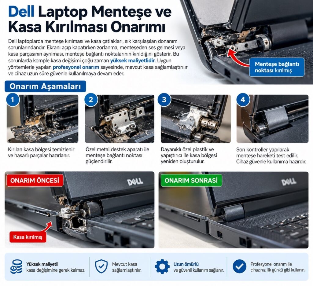Dell laptop menteşe kırılması ve kasa onarımı